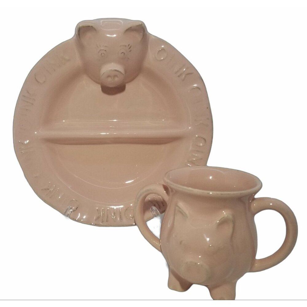 Pig Child's dinner set plate & cup Pink Cara Stone by Carafina